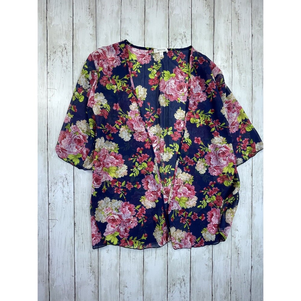 Hailey & Co. Womens Kimono Cardigan Size S Navy Blue Floral Sheer Open Front